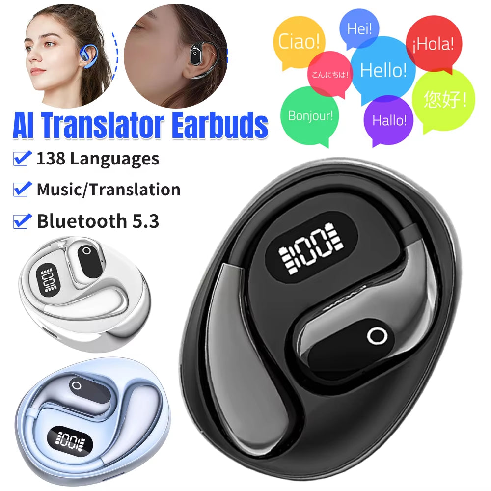 AI Translator Earbuds 138 Languages Bluetooth-Compatible 5.3 Real-Time Two-Way Earbuds Open Air Traductor Smart Voice Translator